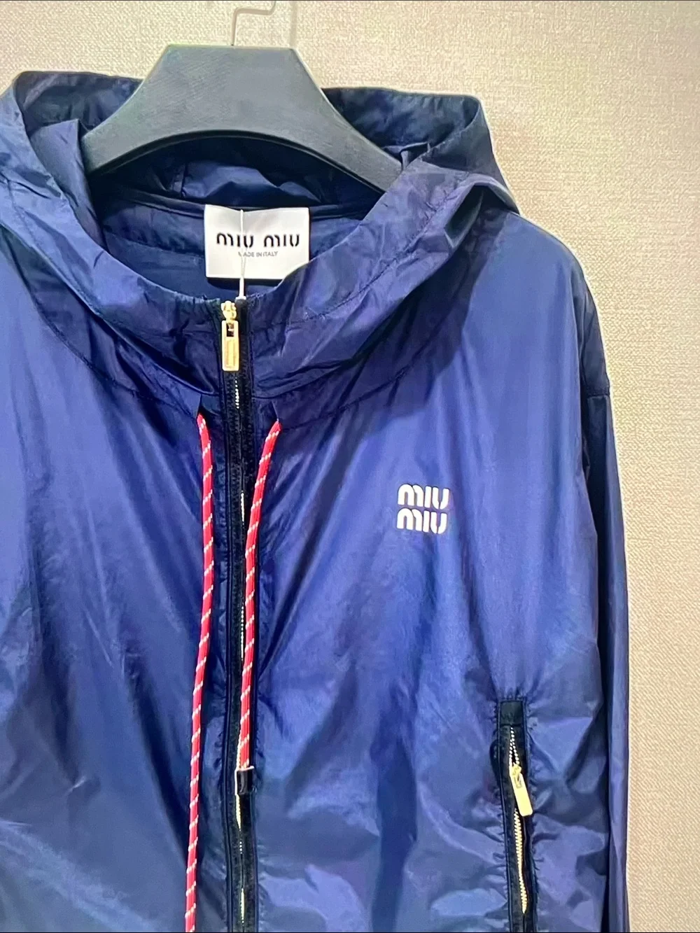 Miu Miu Navy Hooded Bomber Jacket with Contrast Drawcord